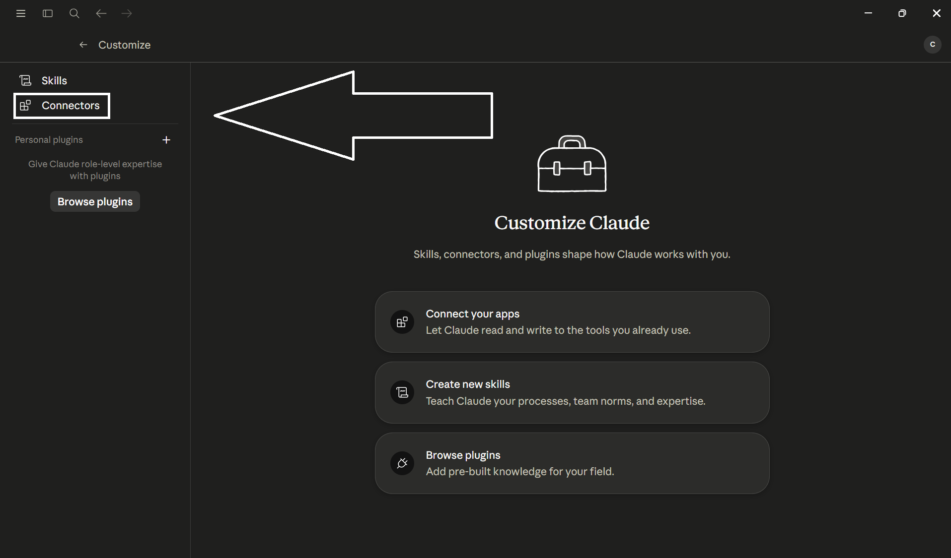 Customize Claude screen with the Connectors tab highlighted