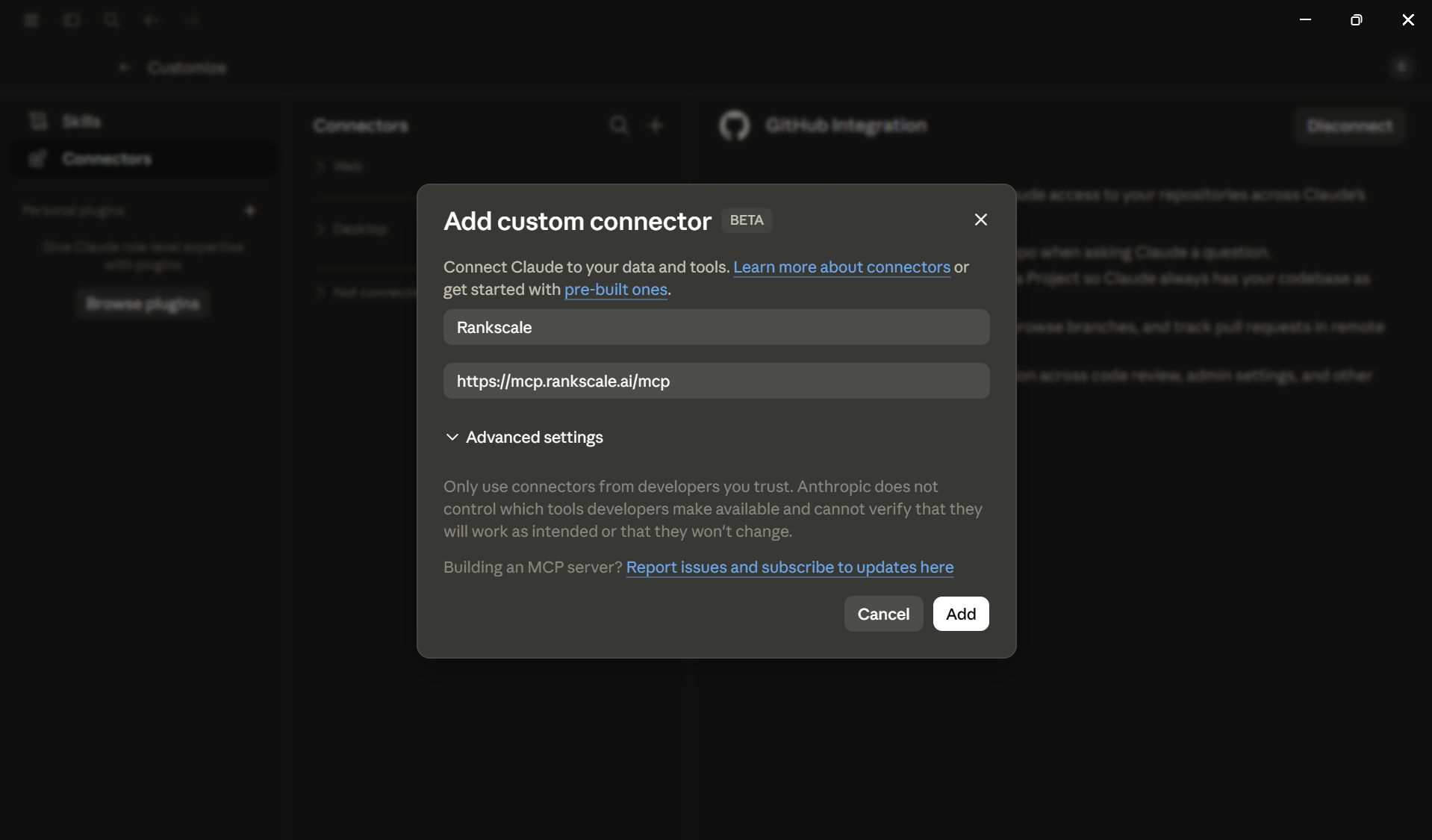 Add custom connector dialog with the Rankscale name and MCP URL filled in