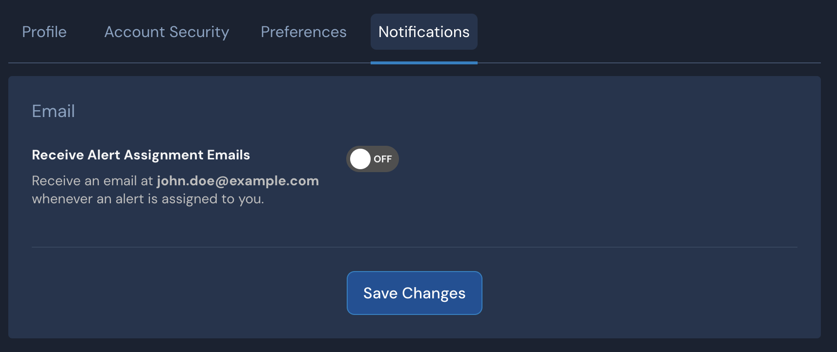 Screenshot 2025-09-29 at 2.56.48 PM.png Notification tab in profile settings with "Receive Alert Assignment Emails" toggled set to OFF