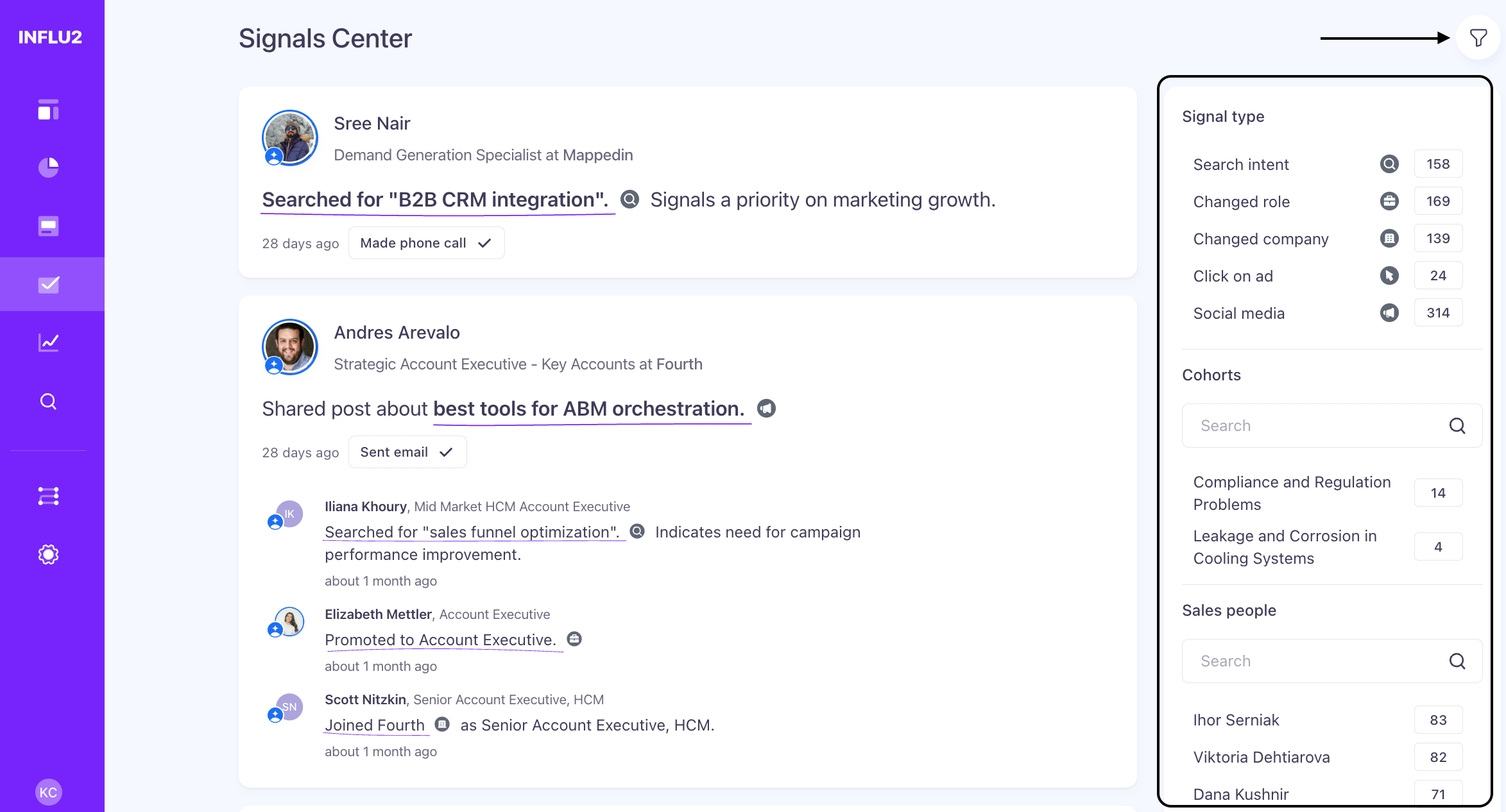 Filter icon and filter options panel