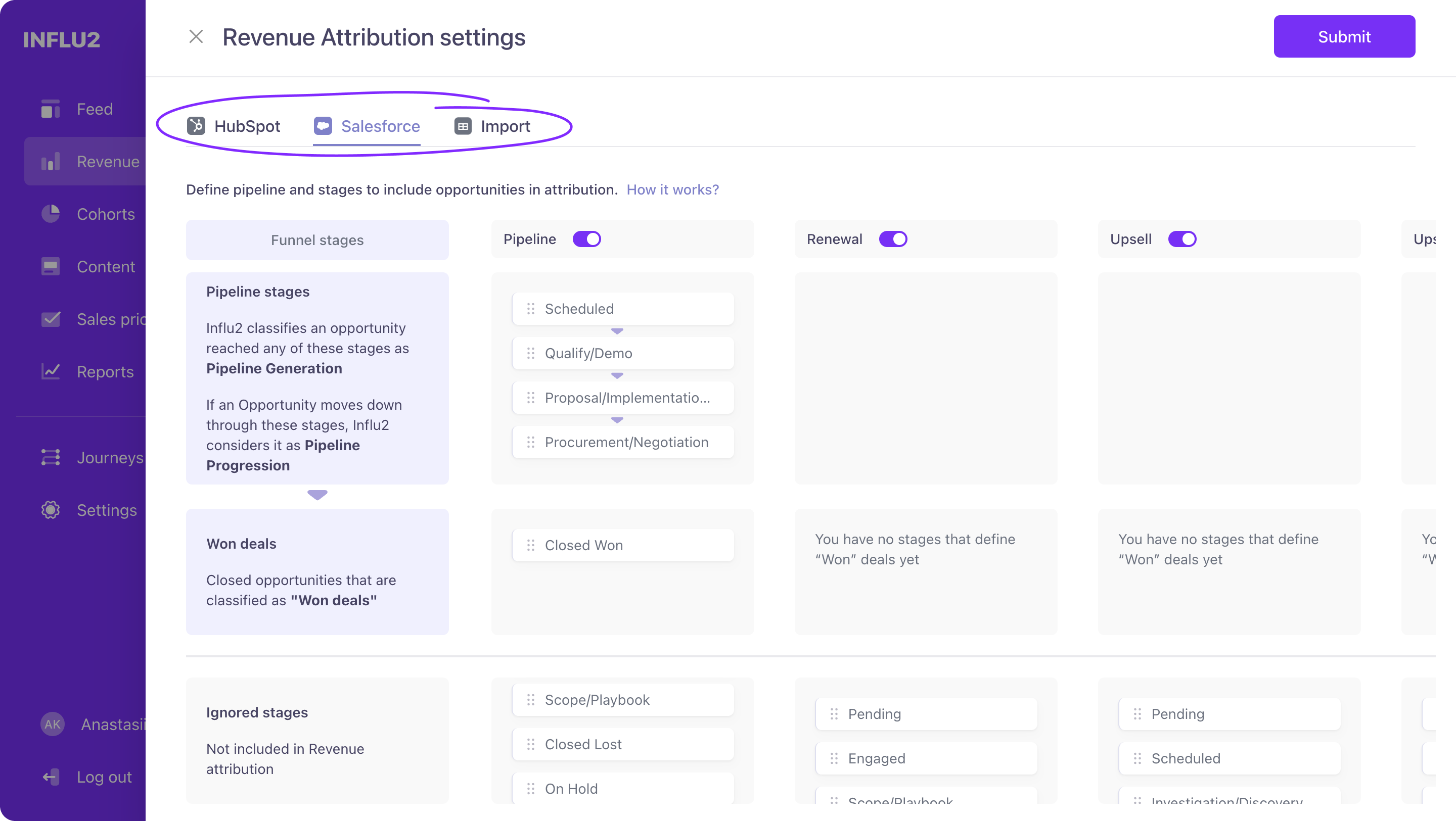 Drag and drop interface for stage organization