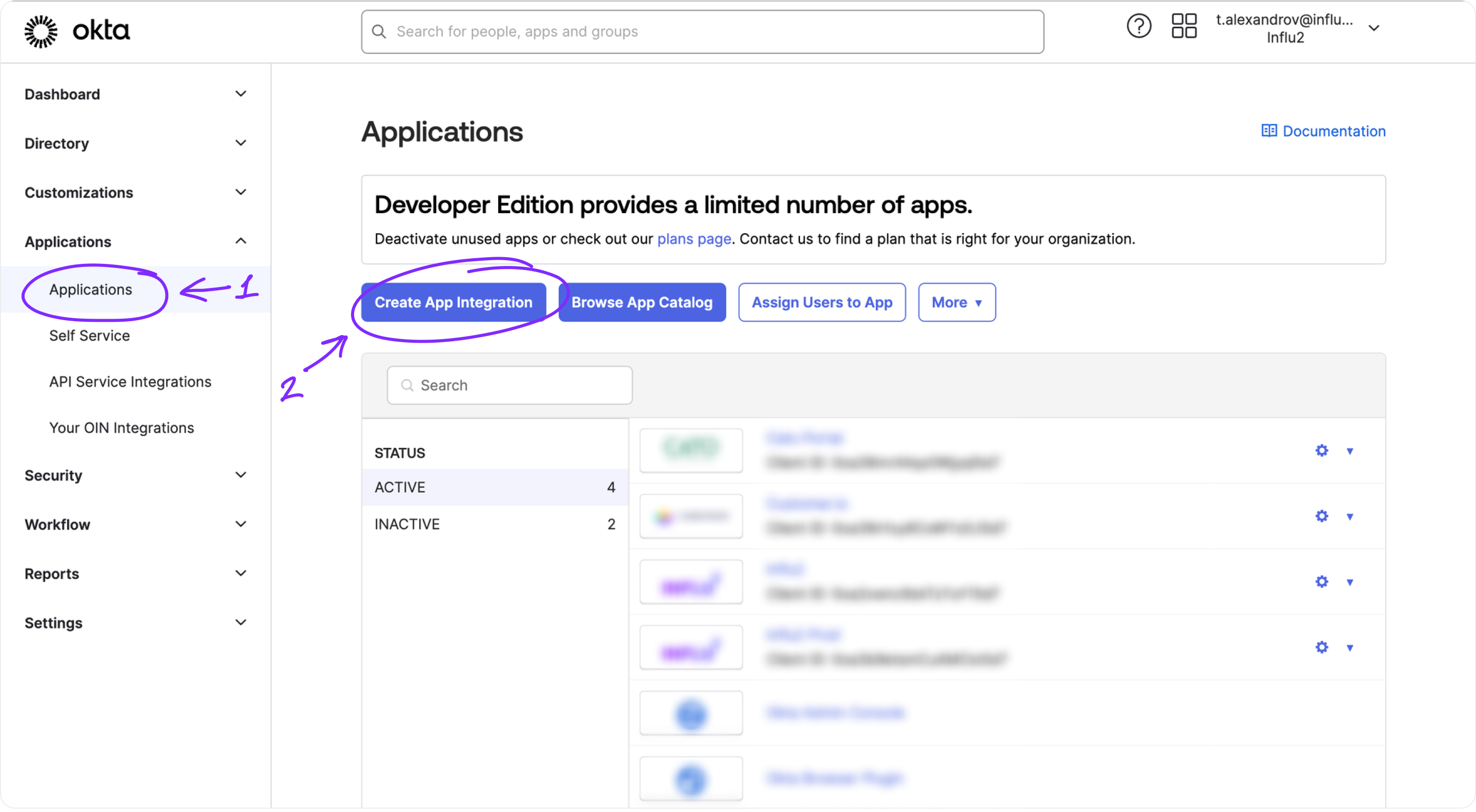 Okta application creation dialog showing OIDC and Web Application options selected