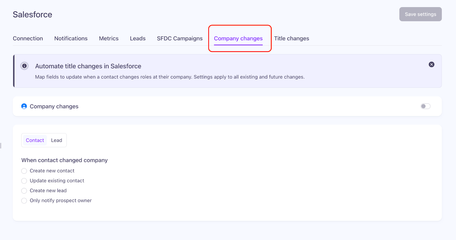 Company changes tab in Salesforce integration settings