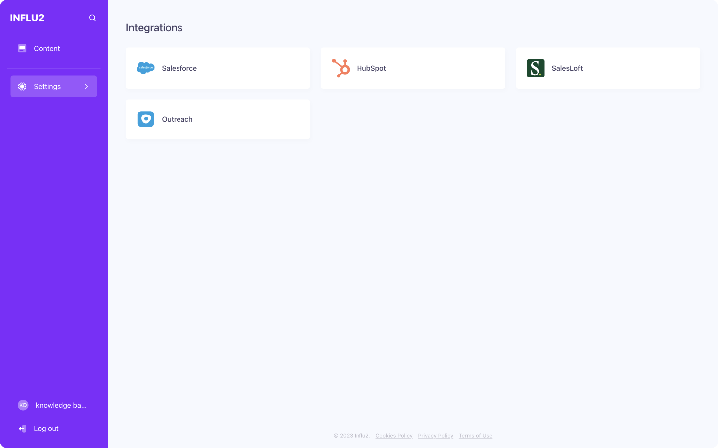 Show Settings sidebar with Integrations highlighted