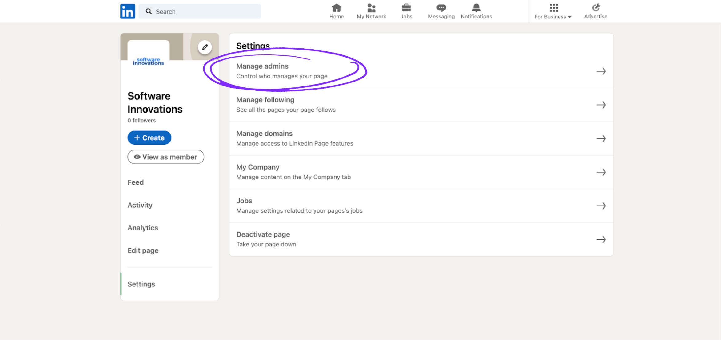 Manage admins section