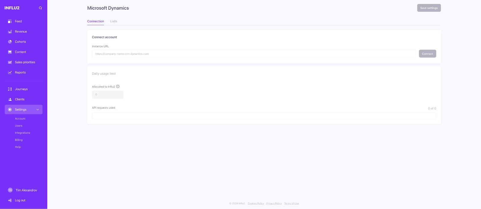 Show Settings > Integrations > Microsoft with the five tabs visible
