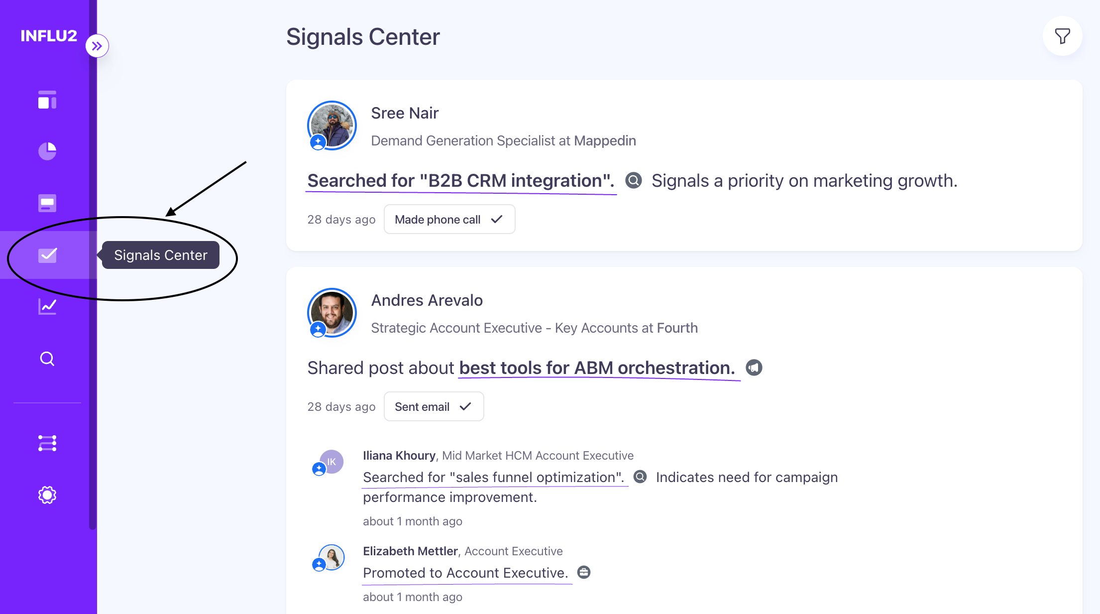 Left navigation with Signals Center link highlighted