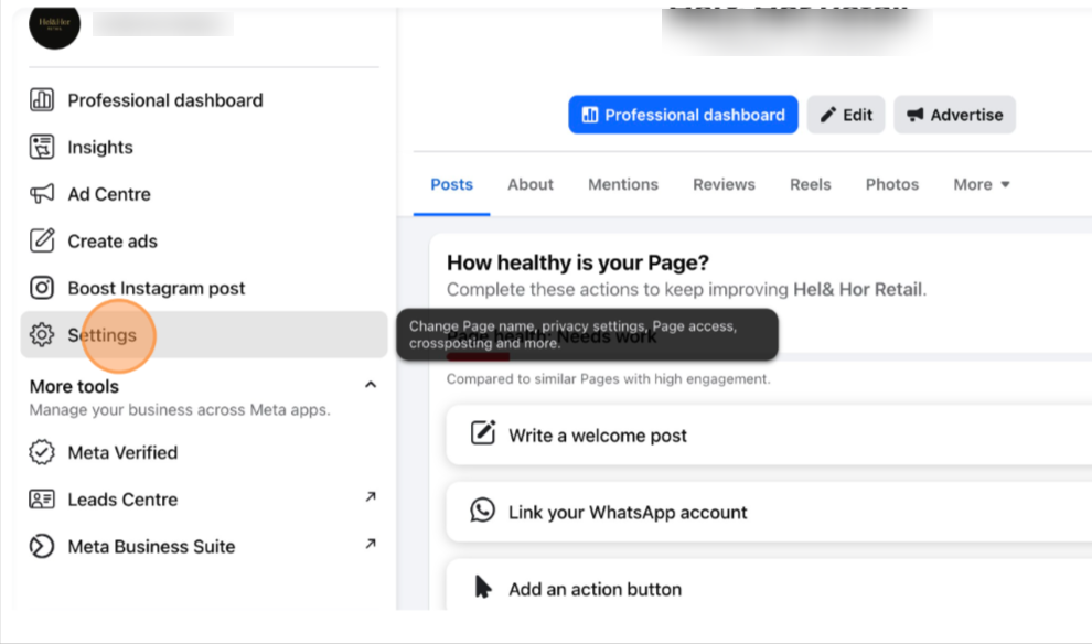 Facebook business page Settings menu