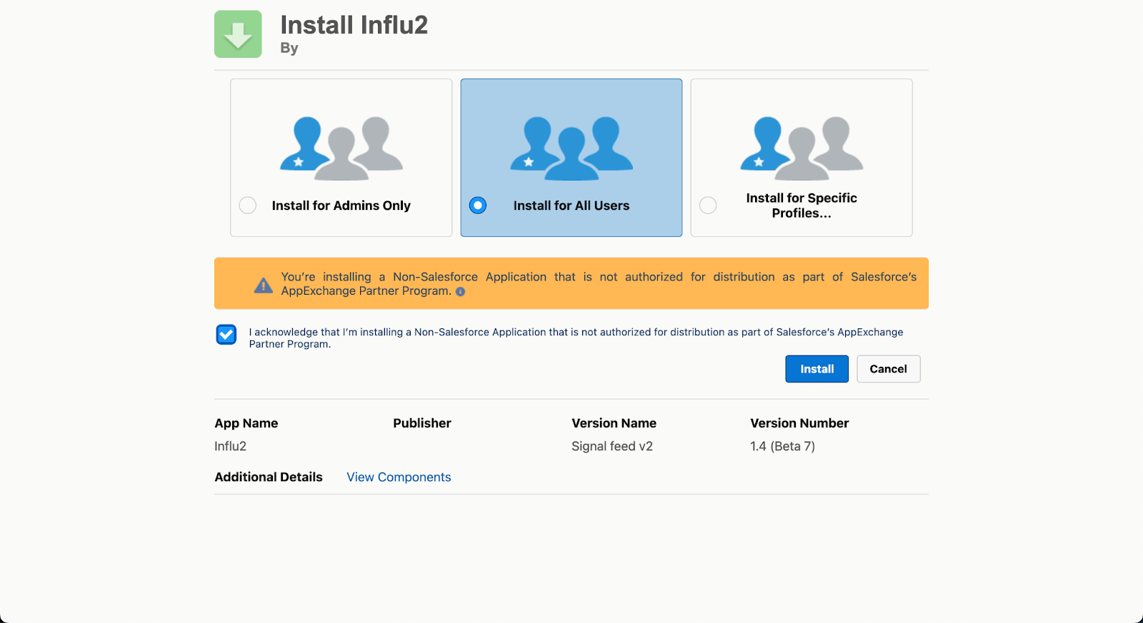 The Salesforce package installation page with the "Install" button visible.