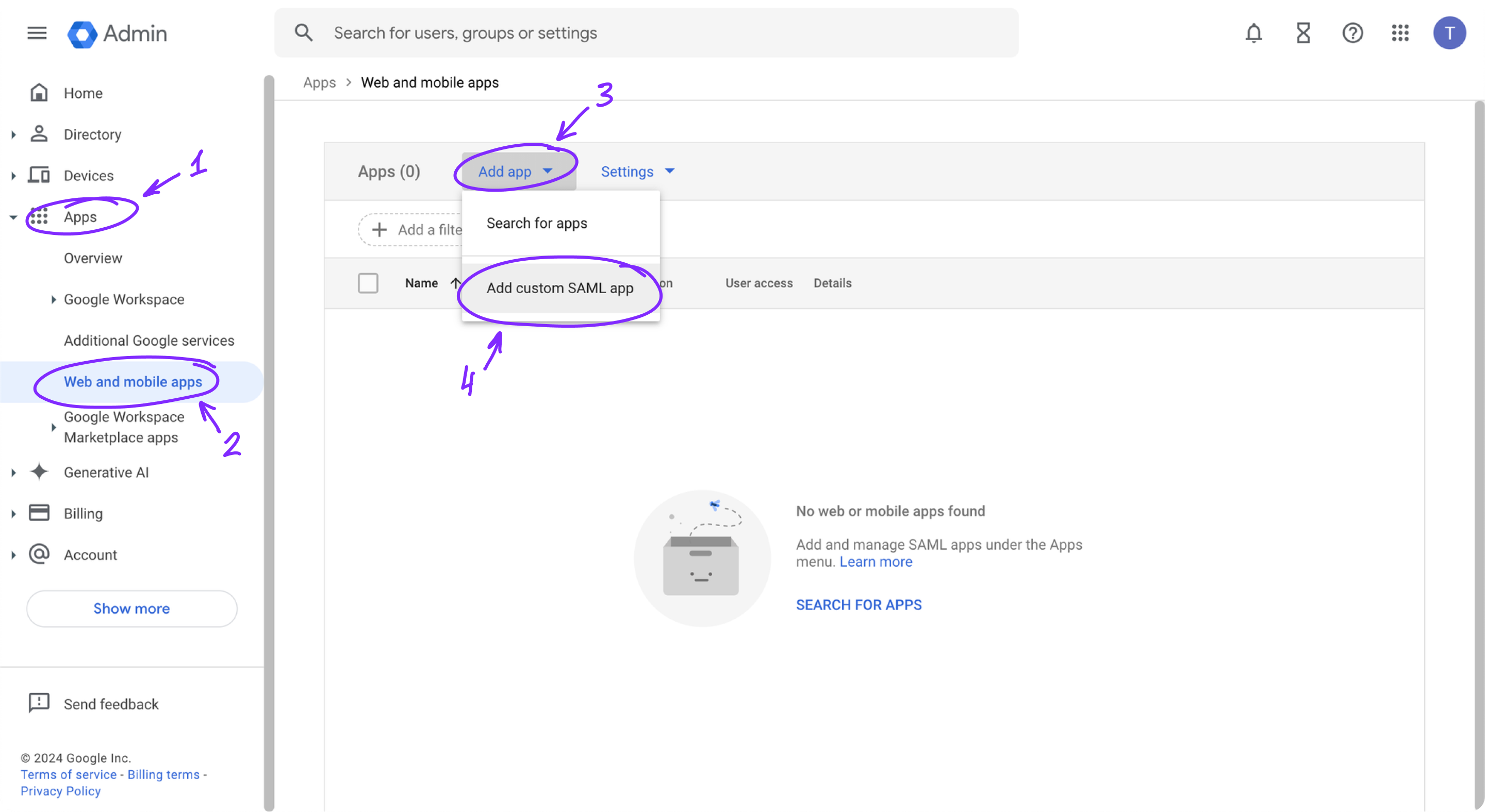 The "Add App" menu with the "Add custom SAML app" option highlighted.