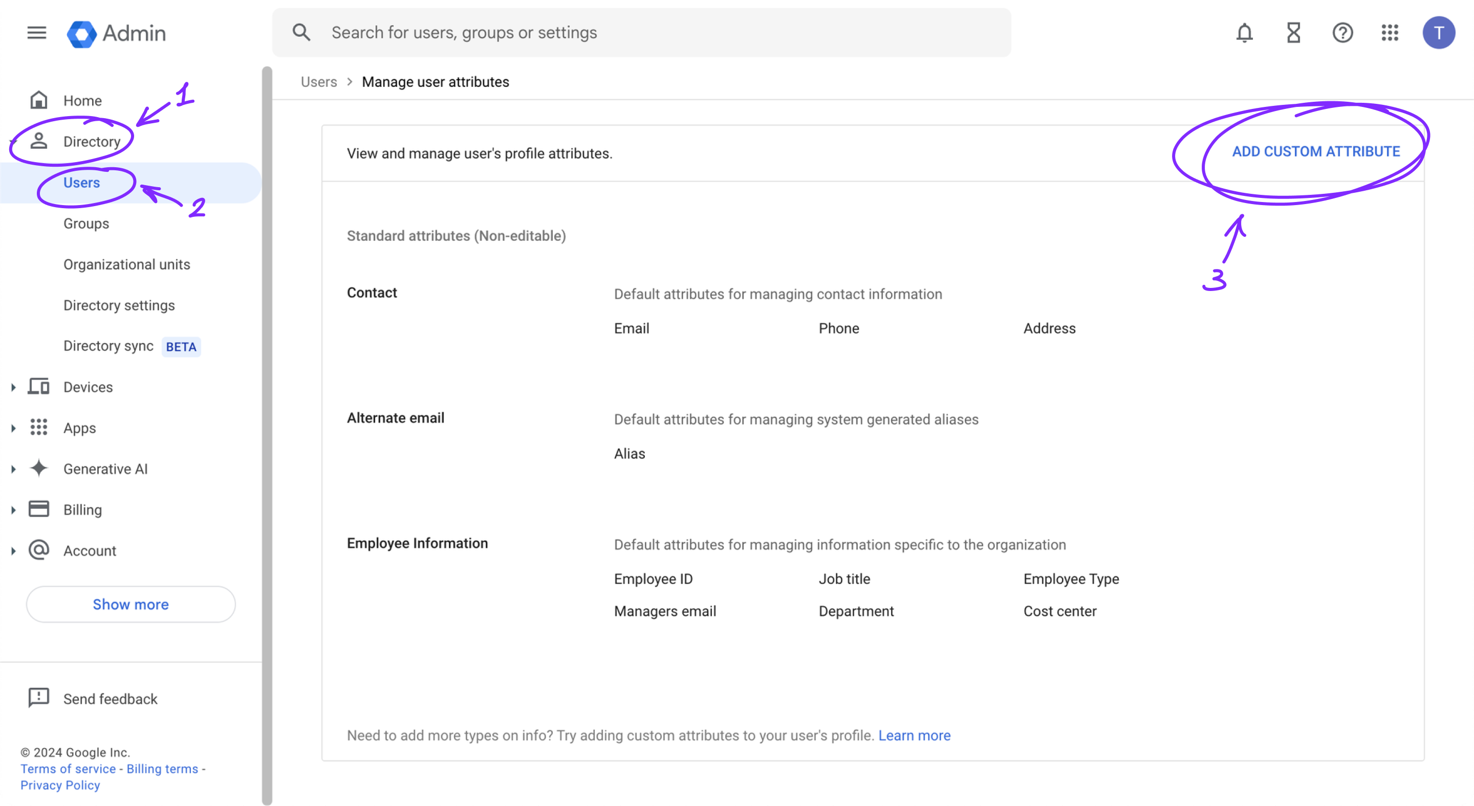 The custom attributes menu with the "Add custom attribute" option.