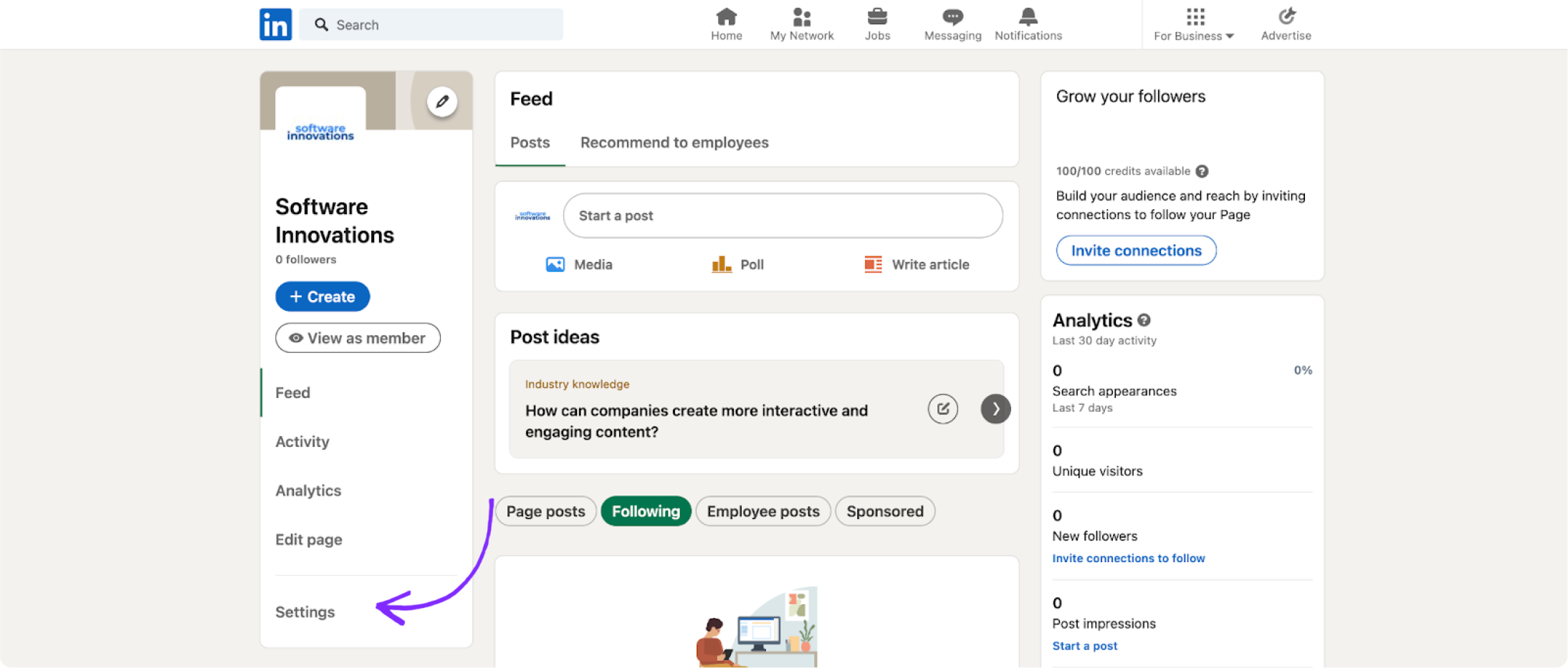 LinkedIn business page settings menu