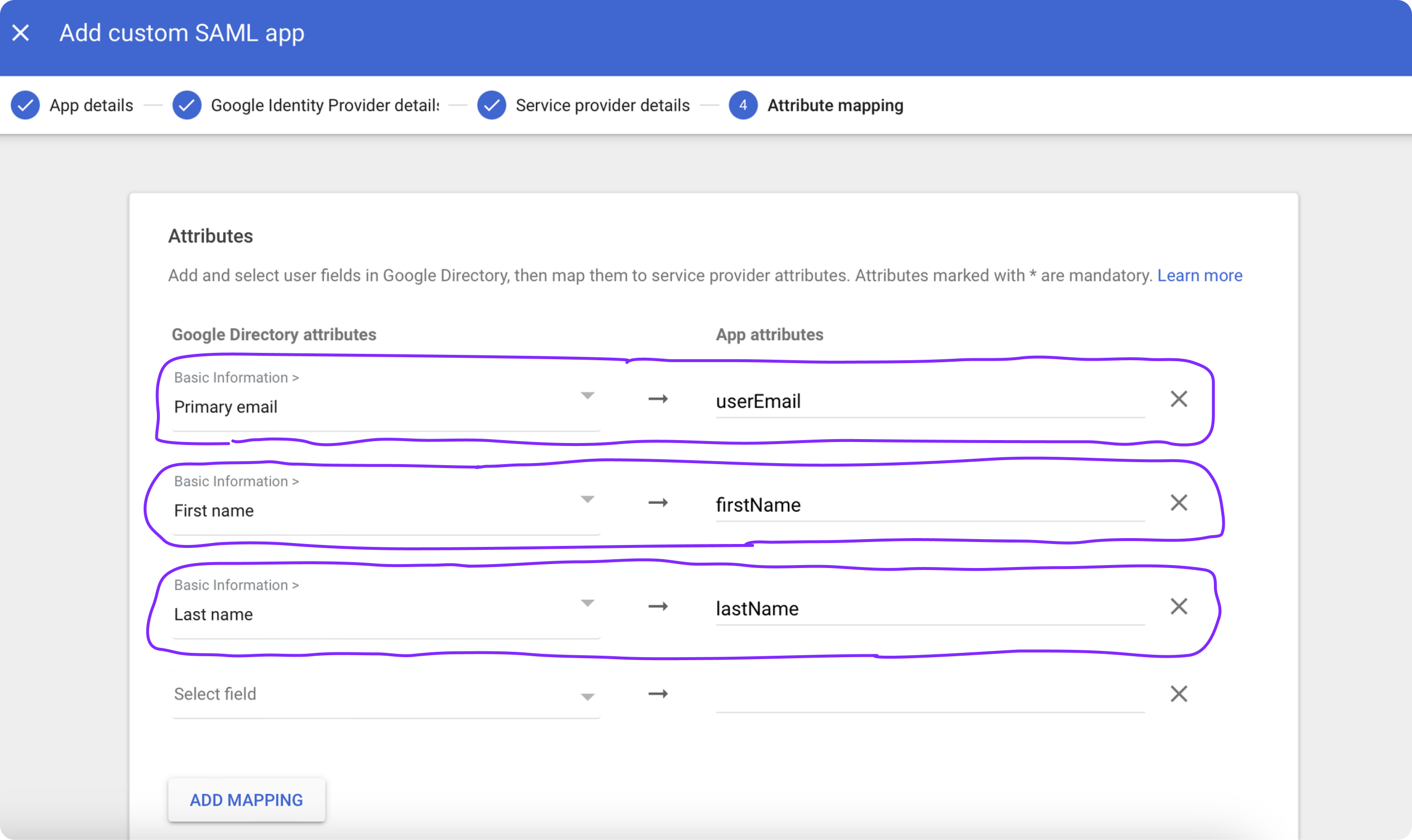 The attribute mapping section showing the three mappings.