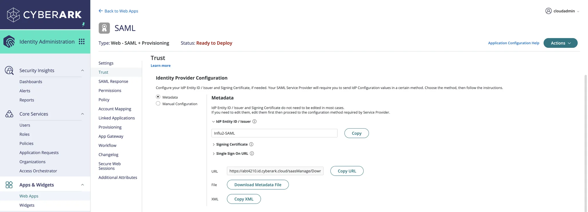 The Trust section with the Metadata option and Entity ID field.