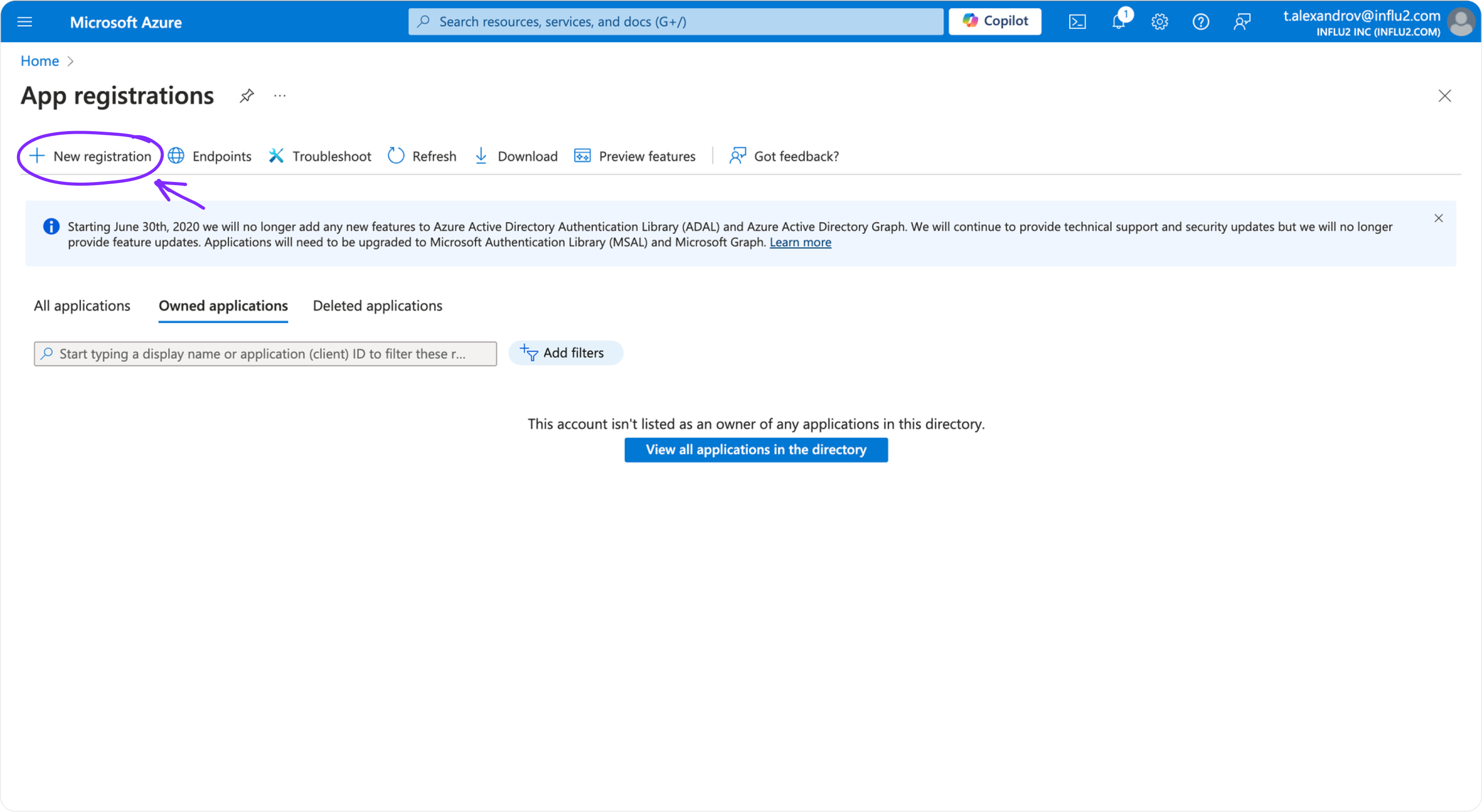 The "New registration" button in the App registrations section.