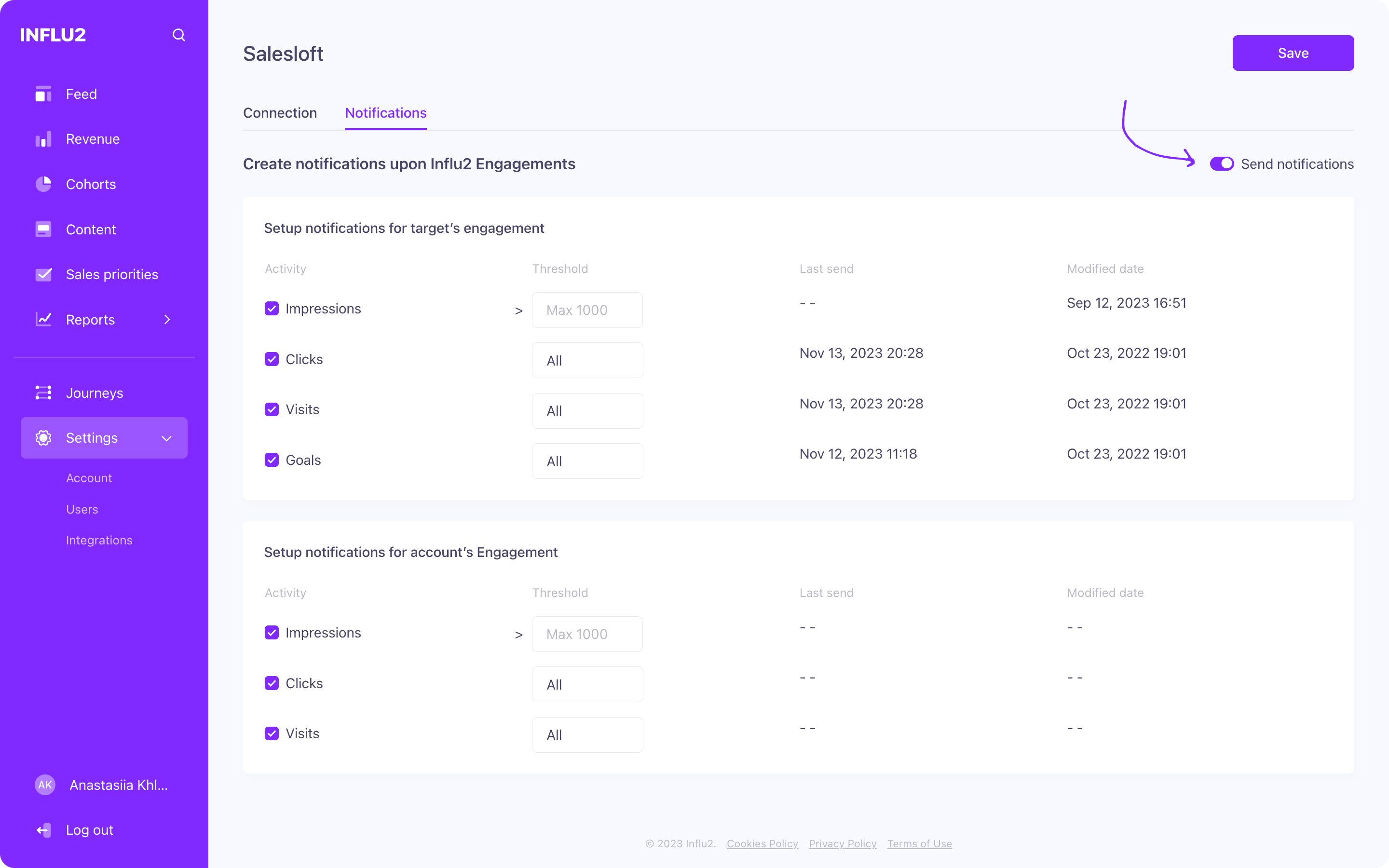 The Notifications tab with the toggle switch visible.