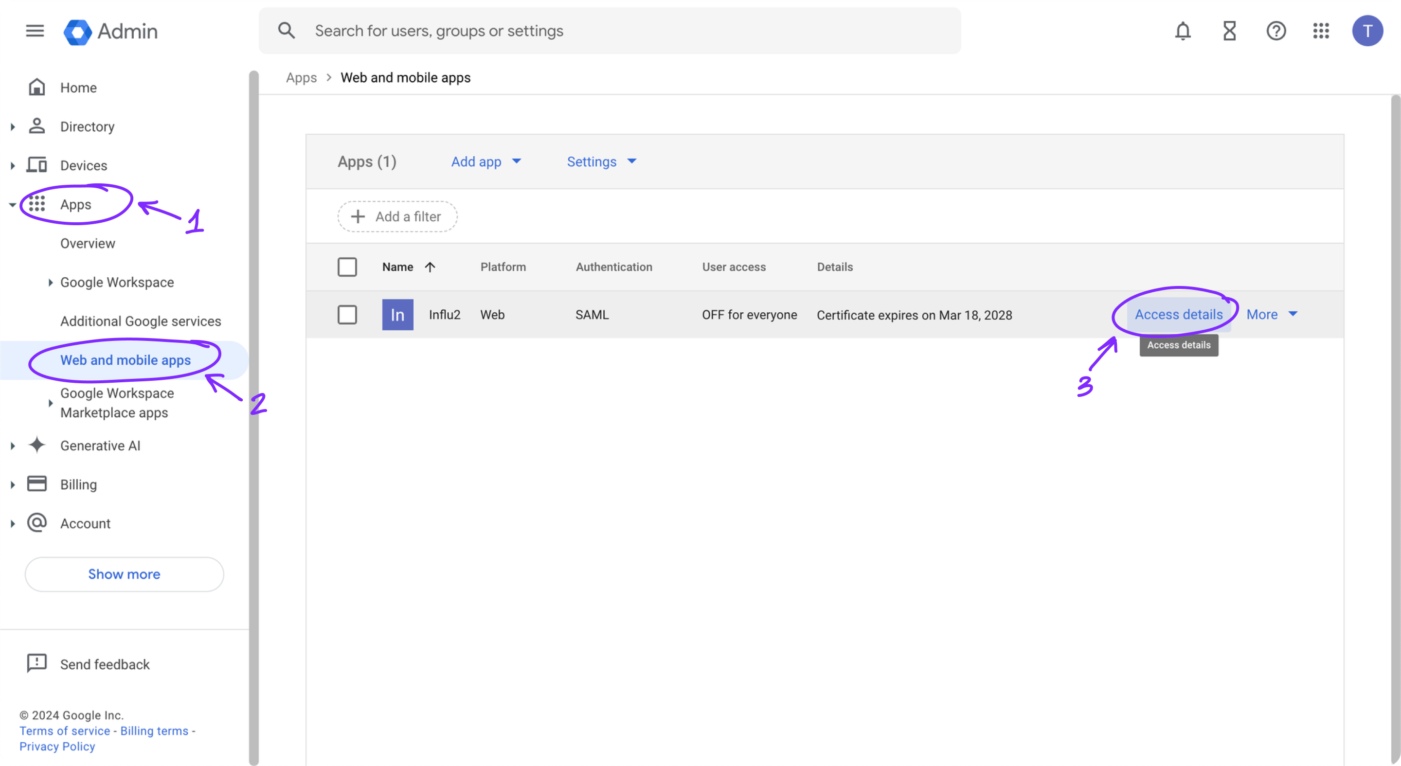 The Access details screen showing user/group assignment options.