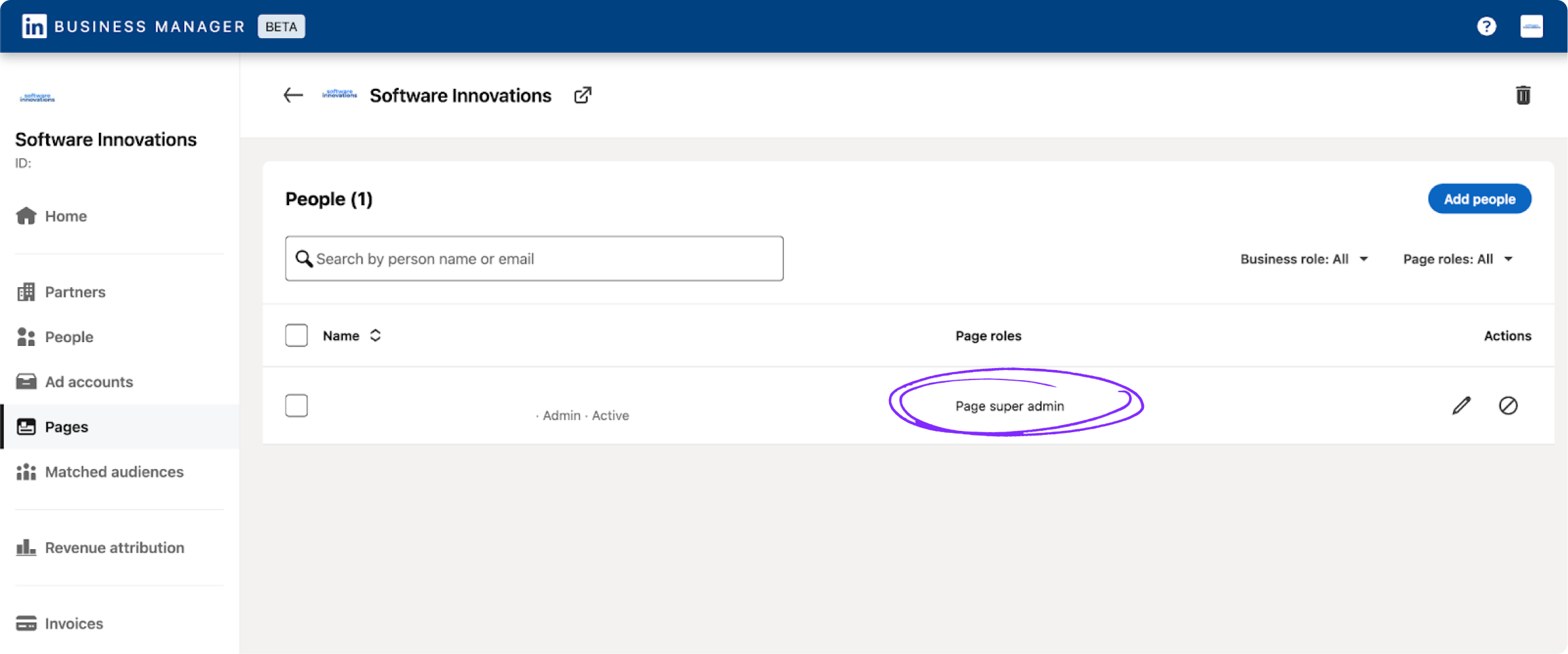 Pages section showing page super admin role