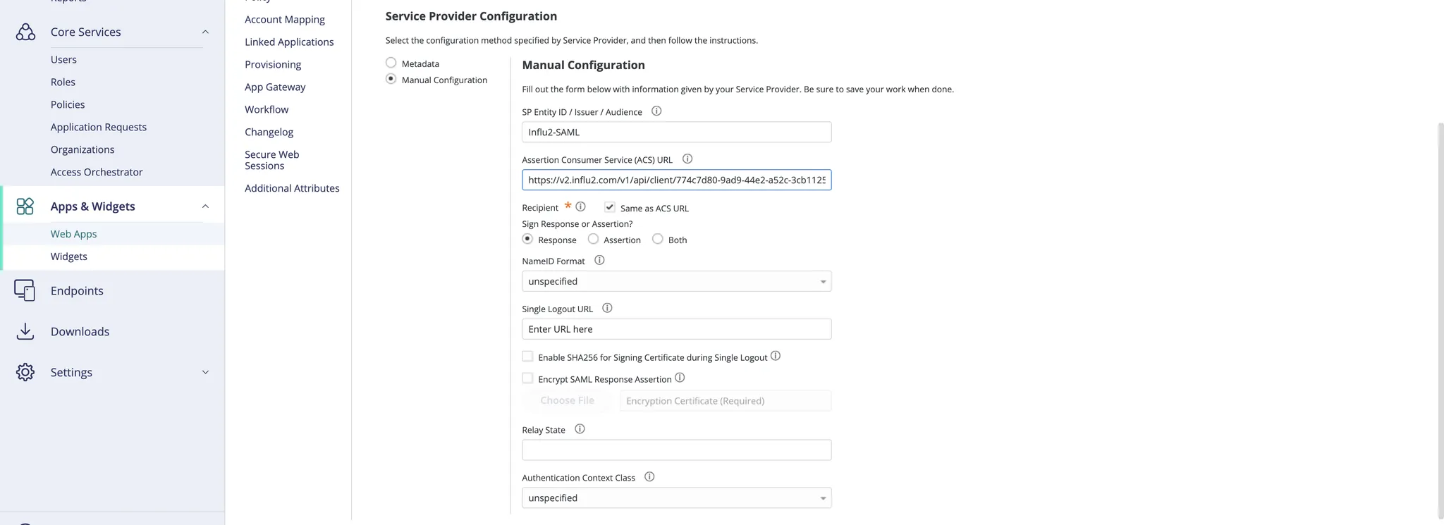 The Manual Configuration section showing the ACS URL field filled in.