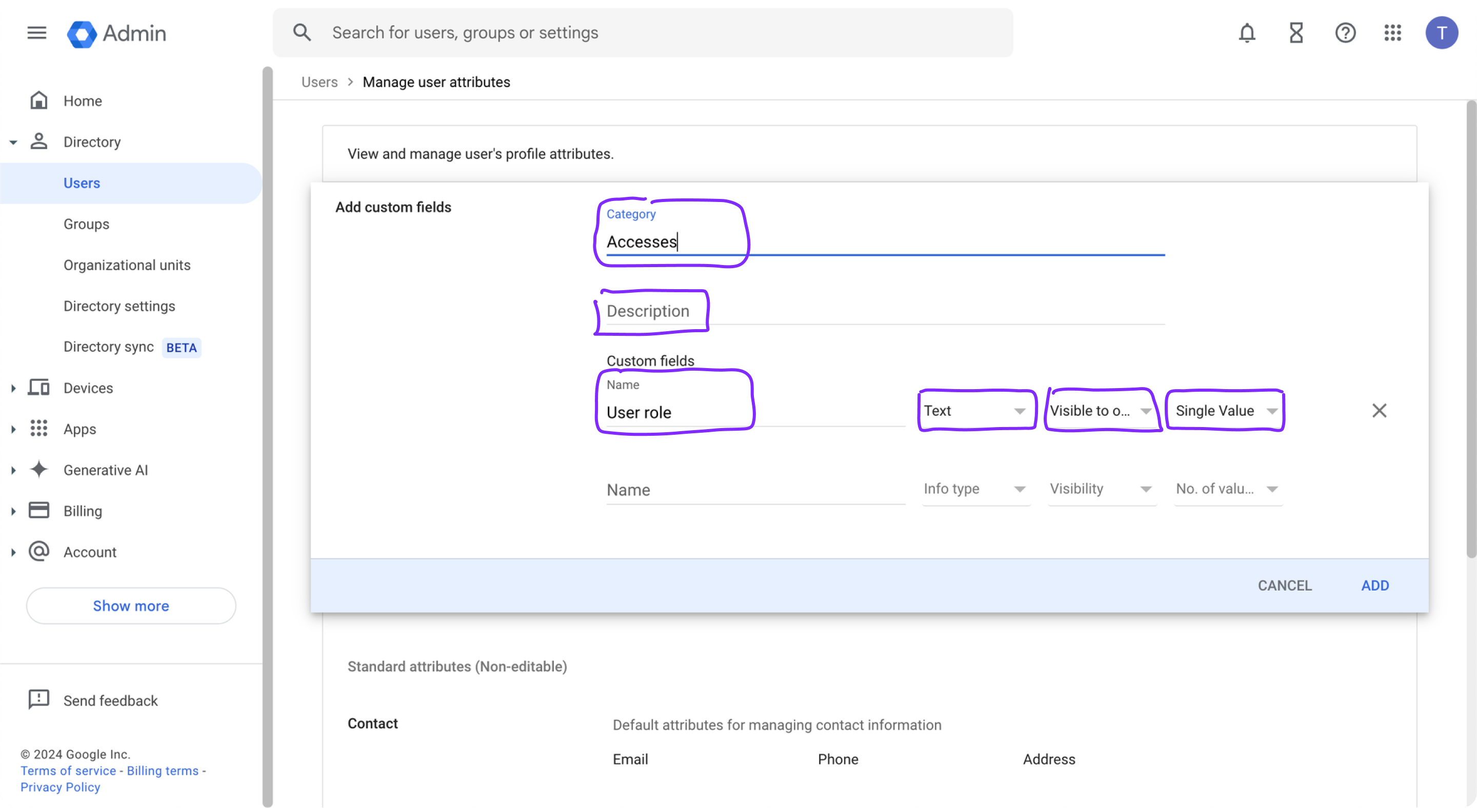 The custom attribute creation form with all fields filled.