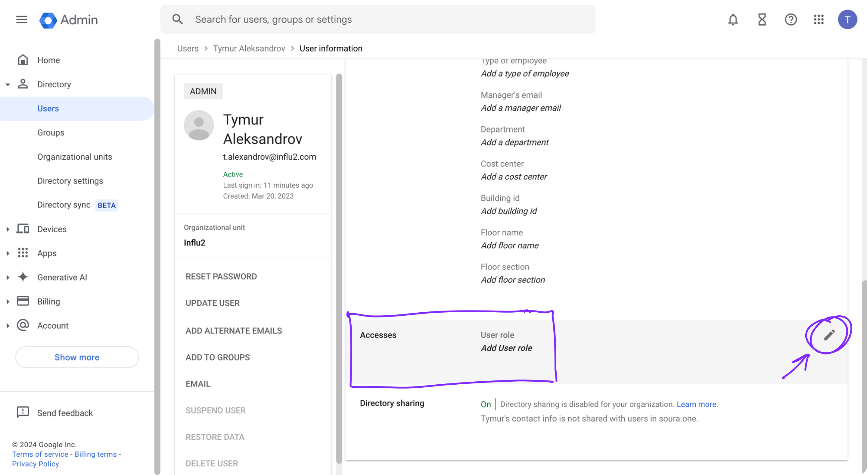 The custom field with a role value selected.
