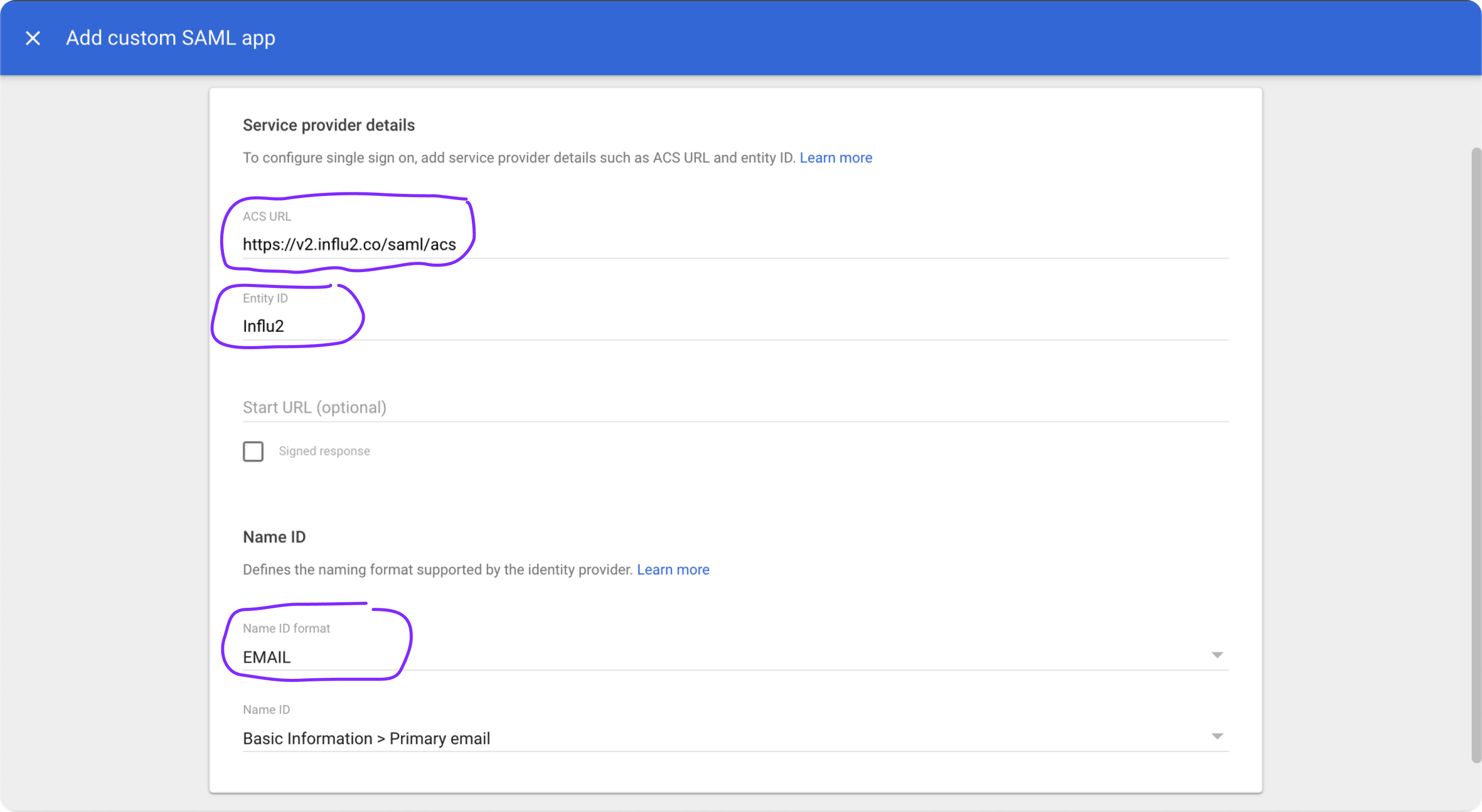 The Service Provider Details form with all three fields filled in.