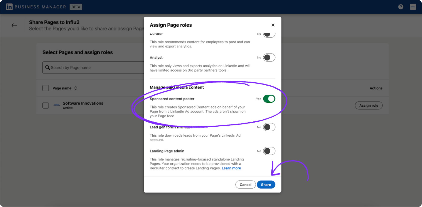 Assign role window with Sponsored content poster toggle