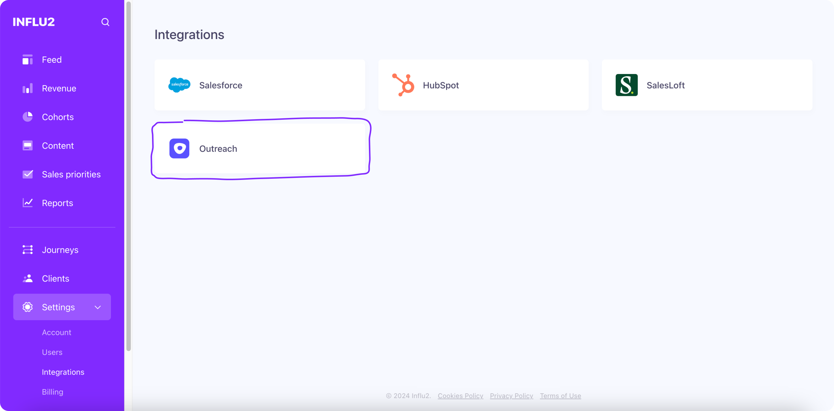 The Outreach integration window with the "Connect" button visible.