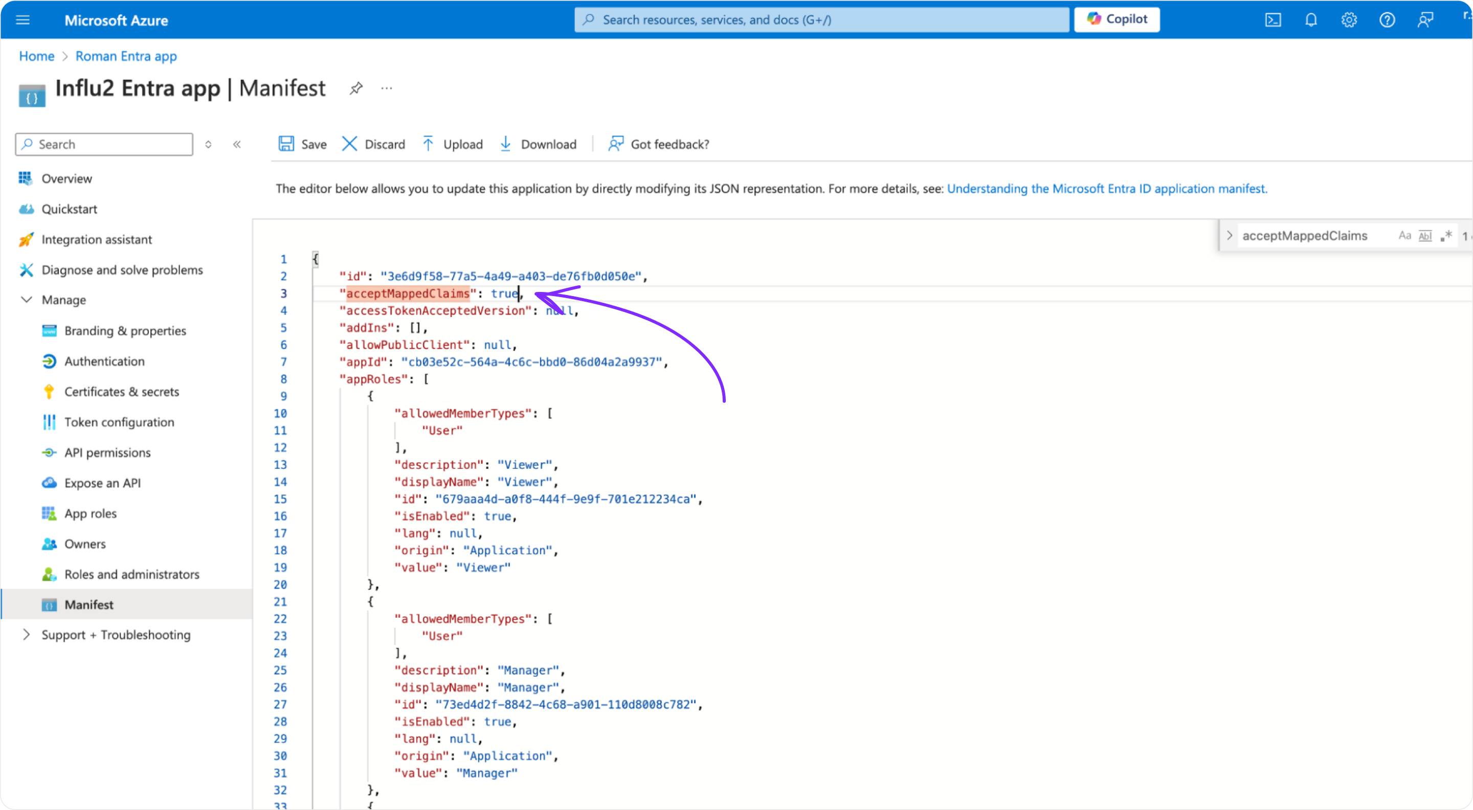 The manifest editor showing the acceptMappedClaims field updated to true.