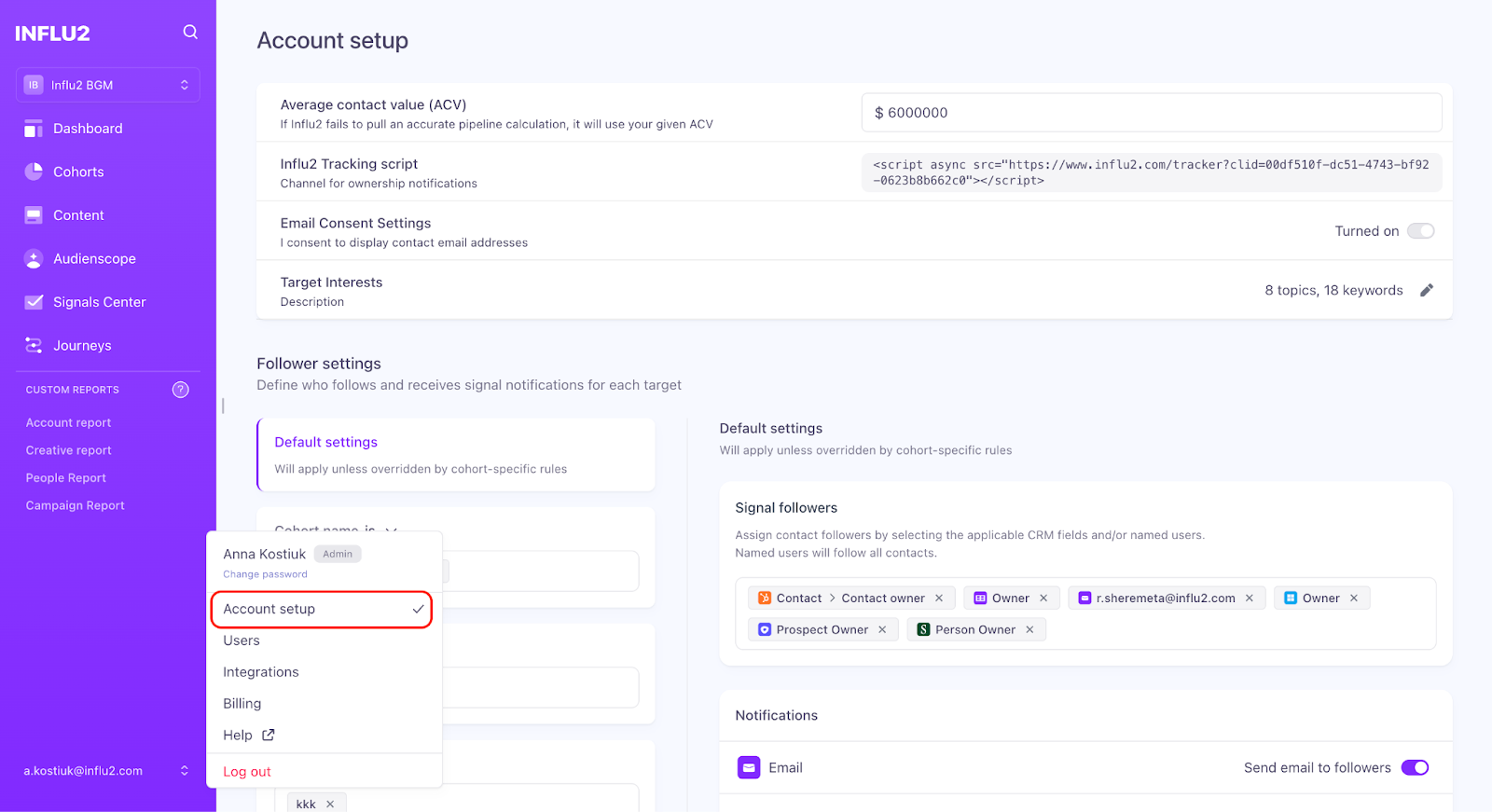 Show Account Setup page with Topics & Keywords Management sidebar
