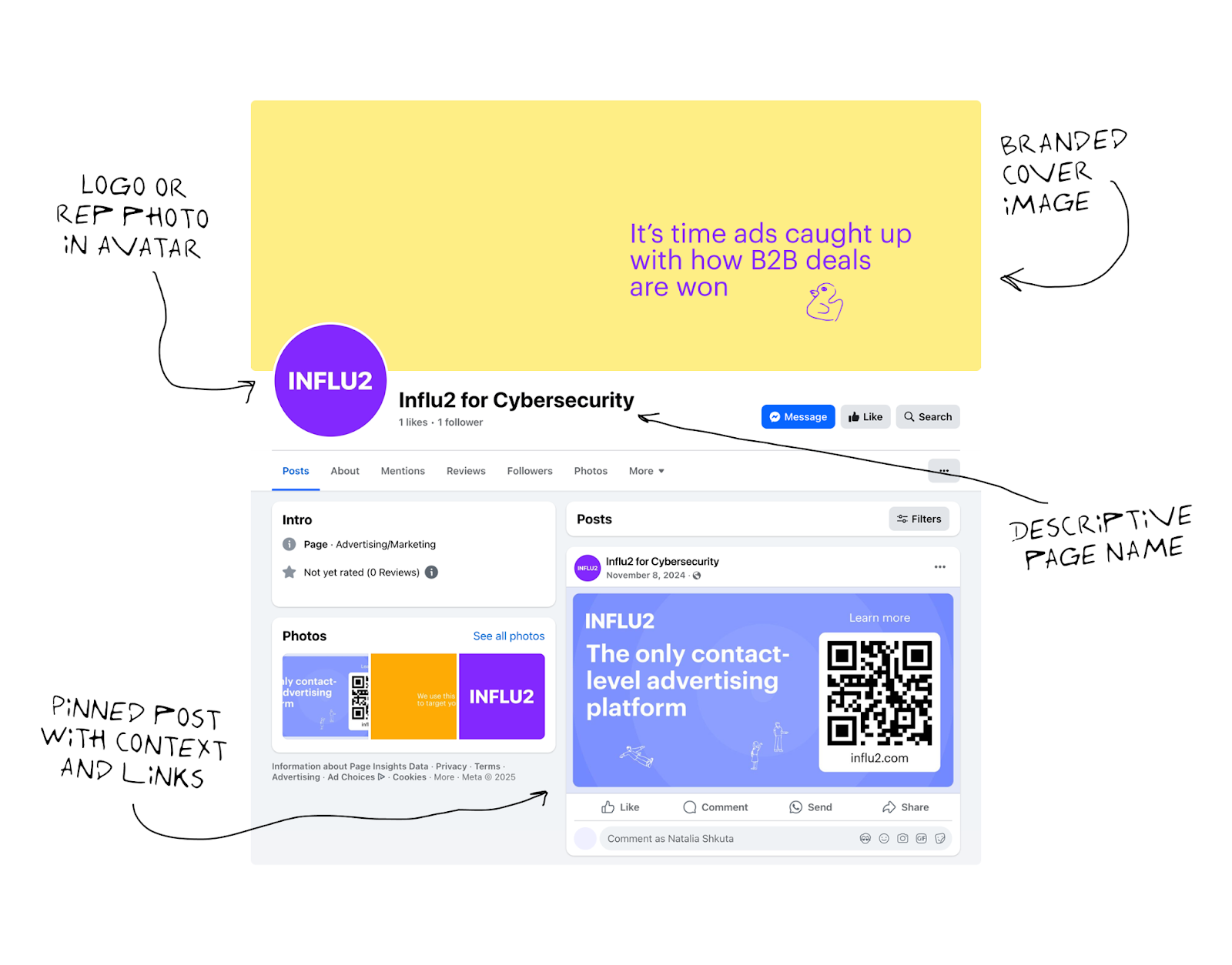 Show a well-organized page with pinned post, description, and custom cover image