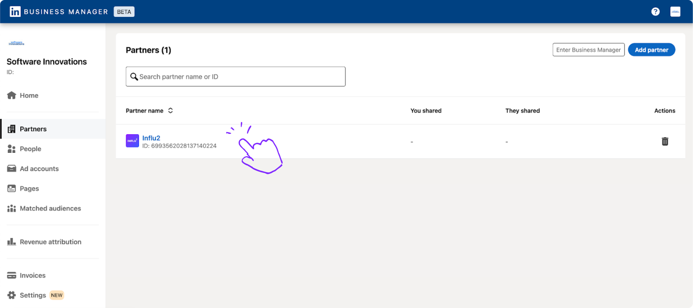Partners list with Influ2 showing