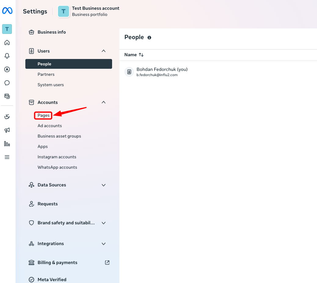 Show Accounts menu with Pages option highlighted
