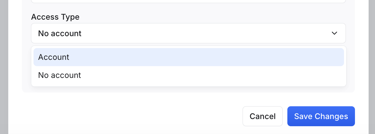 Settings screen showing the Access Type dropdown with 'Account' selected and Save Changes button highlighted
