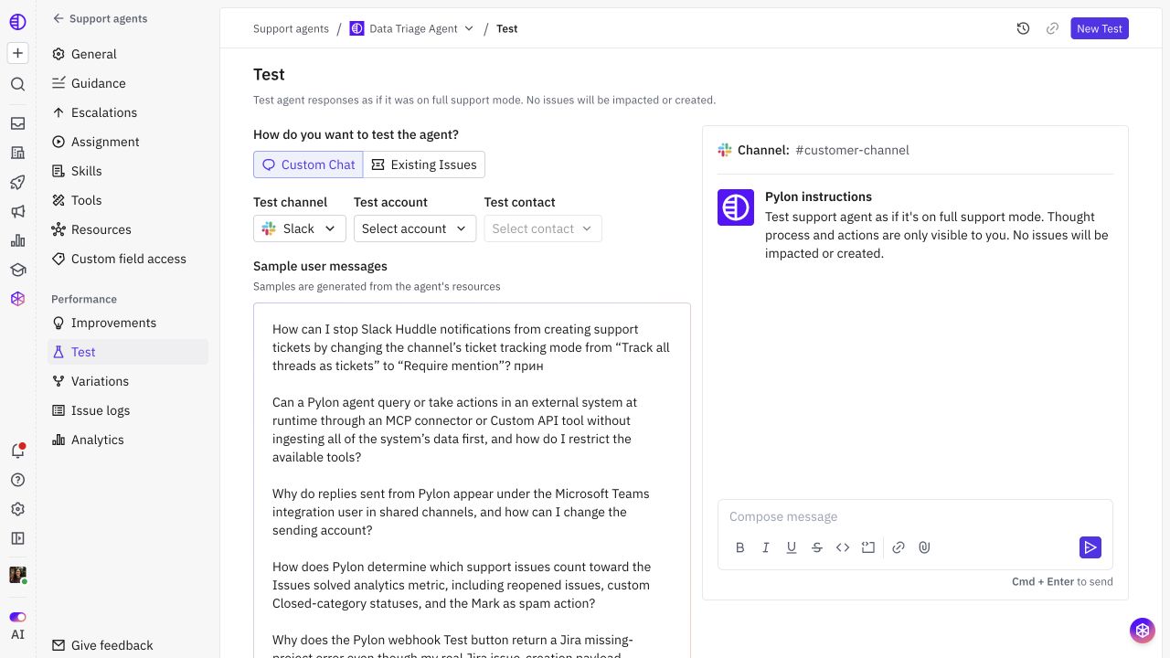 Test setup with channel, account, contact, and existing-issue options