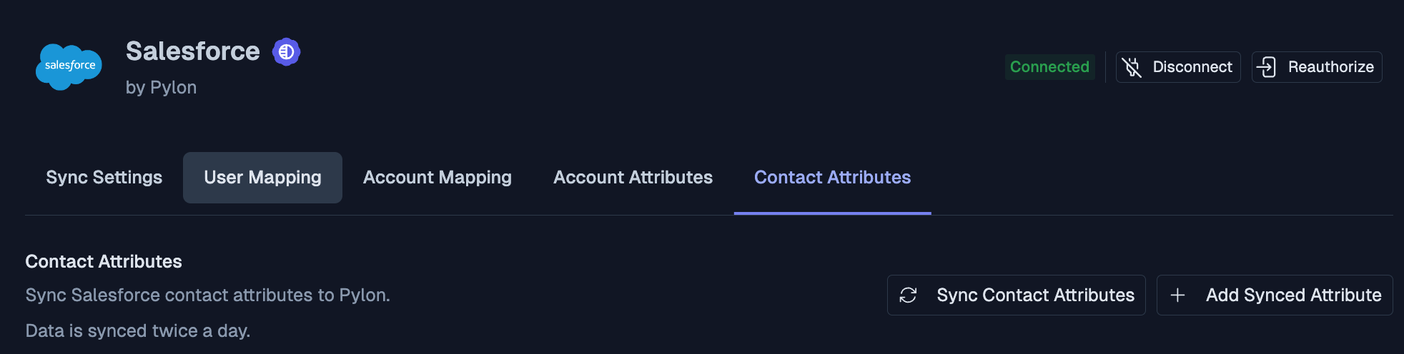 Salesforce integration settings page in the Pylon app, showing the Contact Attributes tab