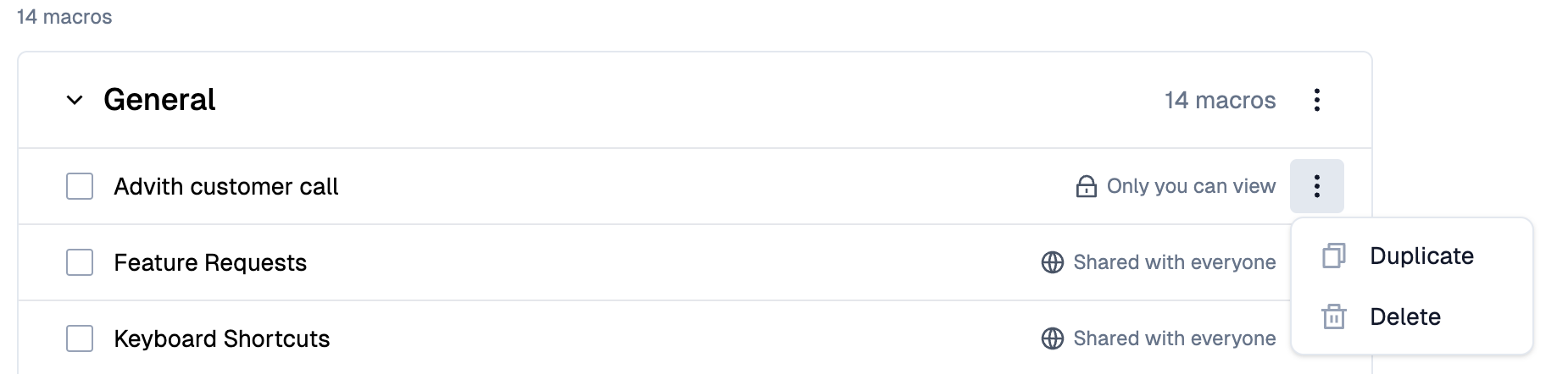 Macros page showing the menu option to duplicate macros