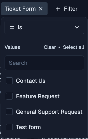 User interface showing how to create a new issues view and add a filter for Ticket Form