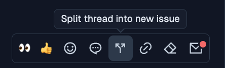 Image of a user interface showing a 'Split thread into new issue' option when hovering over a message in a Pylon issue