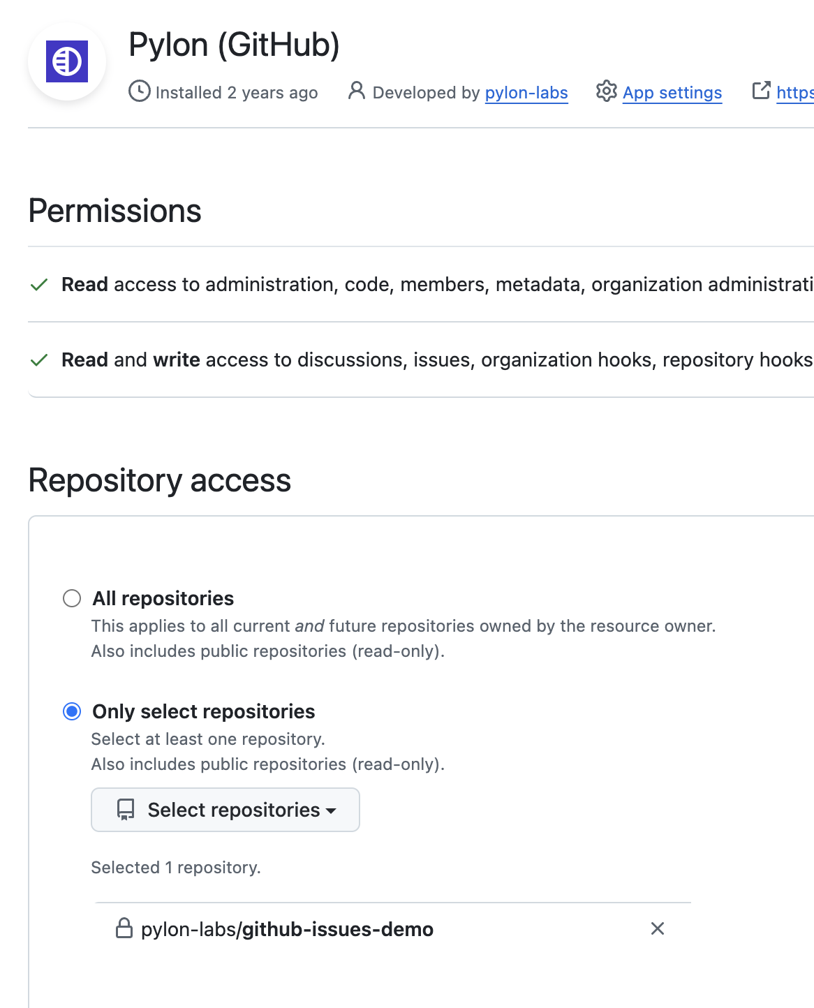 GitHub settings page for the Pylon app, displaying permissions granted to the app