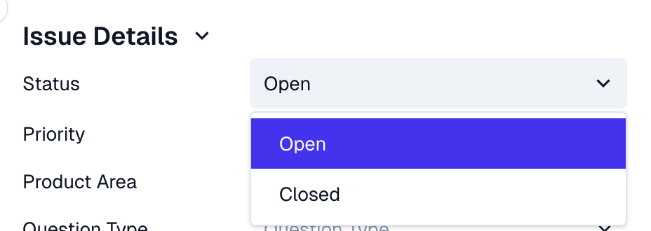 Image of a user interface showing an 'Issue Details' section with a dropdown menu for selecting the status of an issue, displaying options 'Open' and 'Closed'