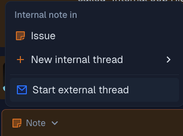 Menu showing options for internal notes and communication threads