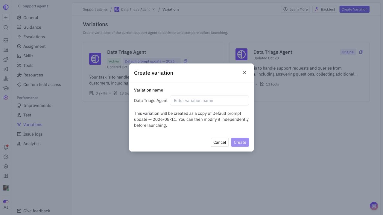 Create variation dialog describing which source configuration will be copied