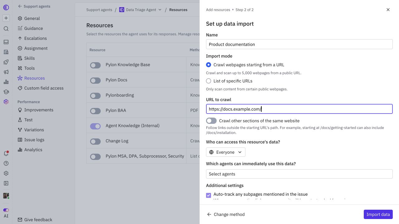 URL import setup with name, crawl scope, visibility, and agent selection