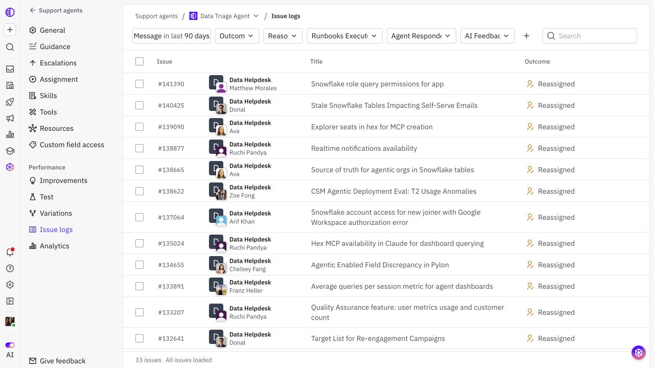 Issue logs table and outcome, reason, and feedback filters