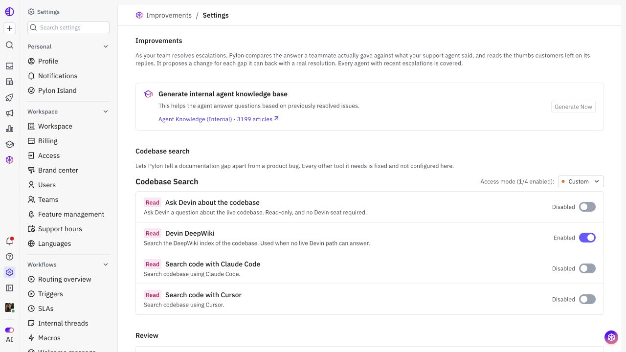 Improvements settings with internal knowledge generation and codebase-search controls
