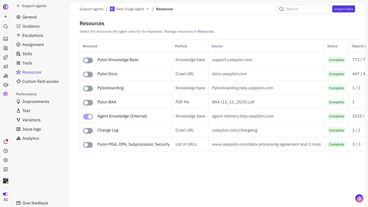 Resources page with source selection and processing status