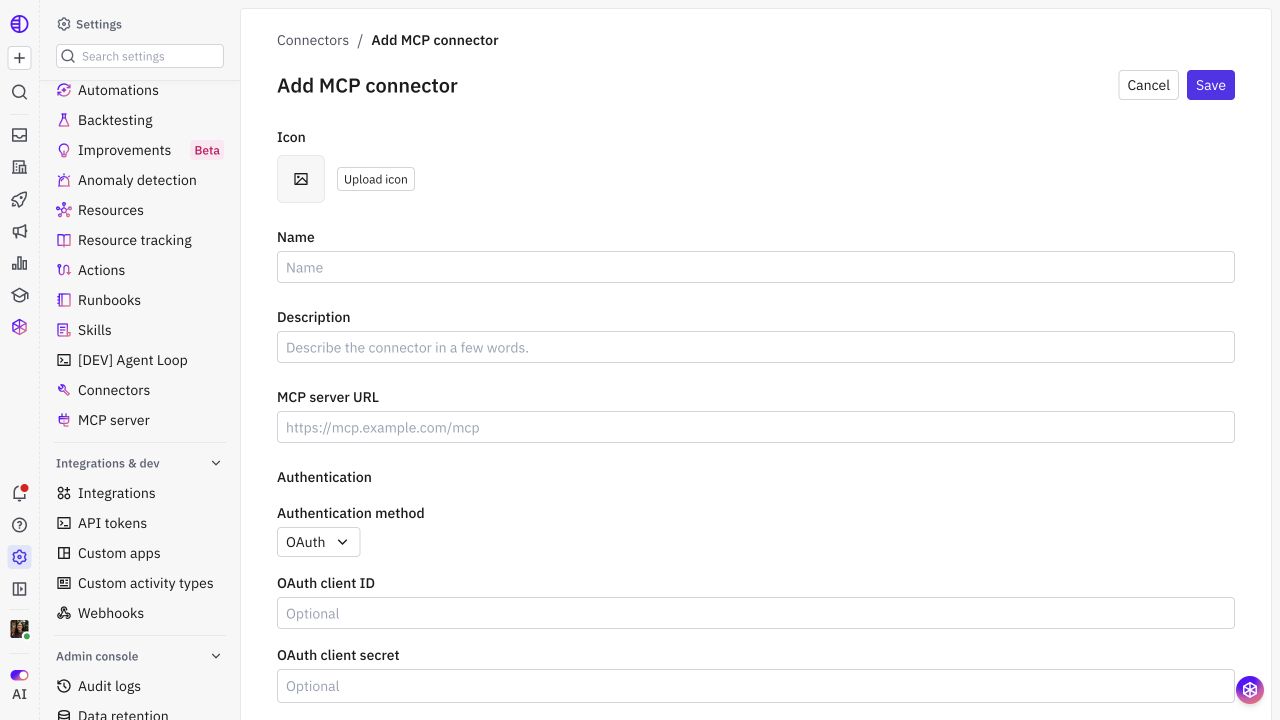 New custom MCP connector form with server URL and authentication fields
