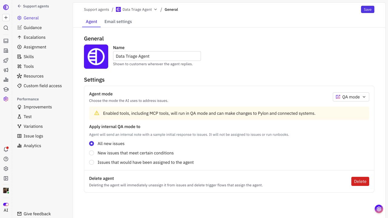 QA mode scope with the warning about enabled tools acting on live systems