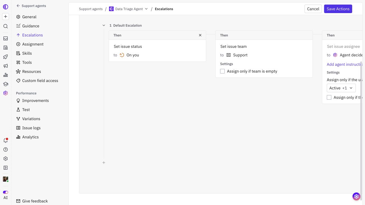 Example handoff actions setting issue status to On you and team to Support
